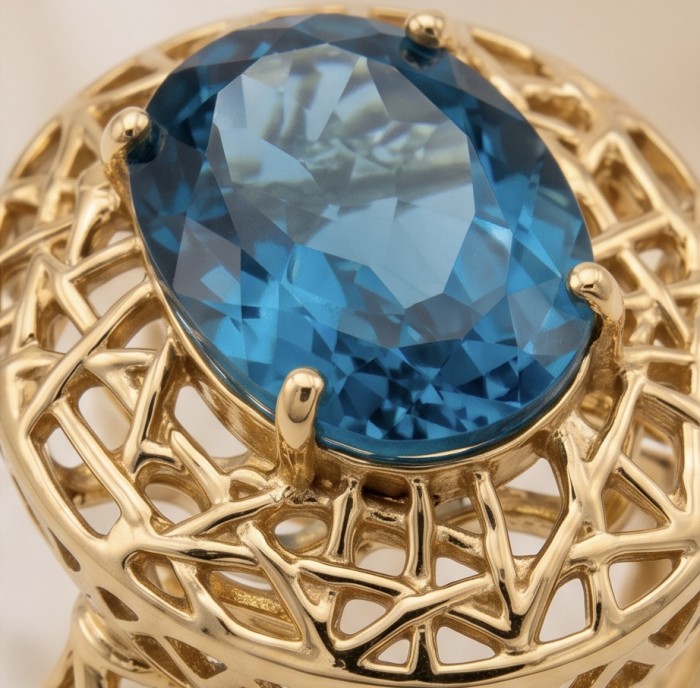 Blue Treasure genuine 10.5 carat London Blue Topaz 14K Gold over .925 Sterling Silver handmade Statement Ring size 6 - Close-up of Blue Treasure 10.5 ct London Blue Topaz in 14K gold setting