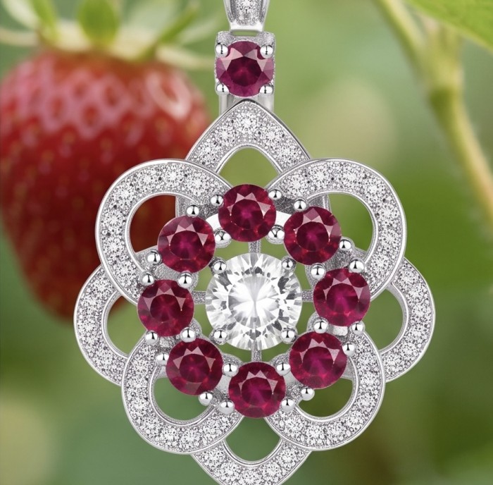 Giovanna - 4.5 carat Ruby .925 Sterling Silver handcrafted incredible earrings - Pendant close-up with rubies and diamond, strawberry background.