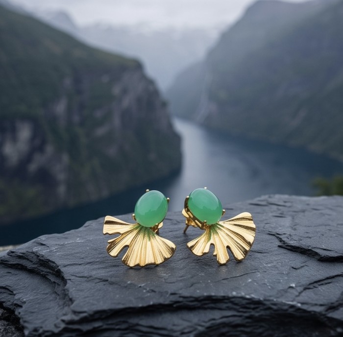 Unique genuine 8.5 carat Jade 18K Gold over over .925 Sterling Silver handcrafted earrings - Gold and jade earrings on rock with scenic mountain backdrop