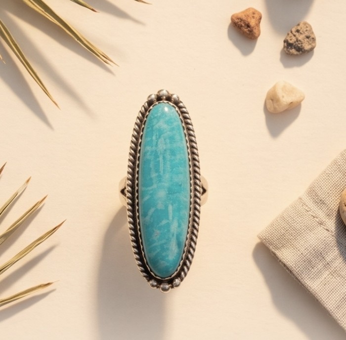 Go West - Rare authentic Manassa Green Turquoise from Colorado .925 Sterling Silver handcrafted Large ring; s. 6 3/4 - Oval turquoise ring, top view, framed by textured setting.