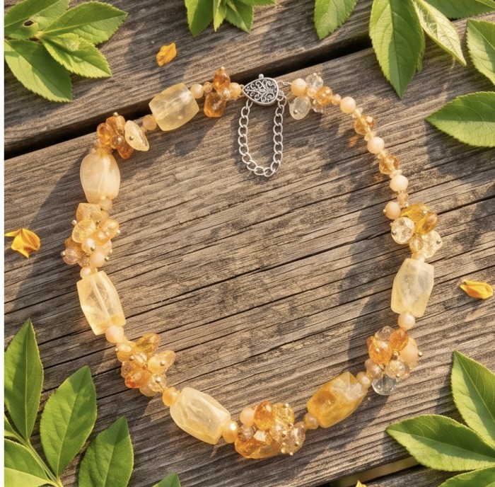 Dazzling vintage natural rough Citrine 14K Gold over .925 Sterling Silver handcrafted Large necklace - Citrine necklace on wood with ornate clasp, surrounding greenery.
