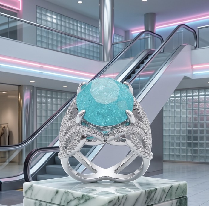 Oceania 14.5 carat Paraiba Tourmaline .925 Sterling Silver Handcrafted Ring size 7 1/2 - Close-up of Oceania ring with Paraiba Tourmaline and silver setting