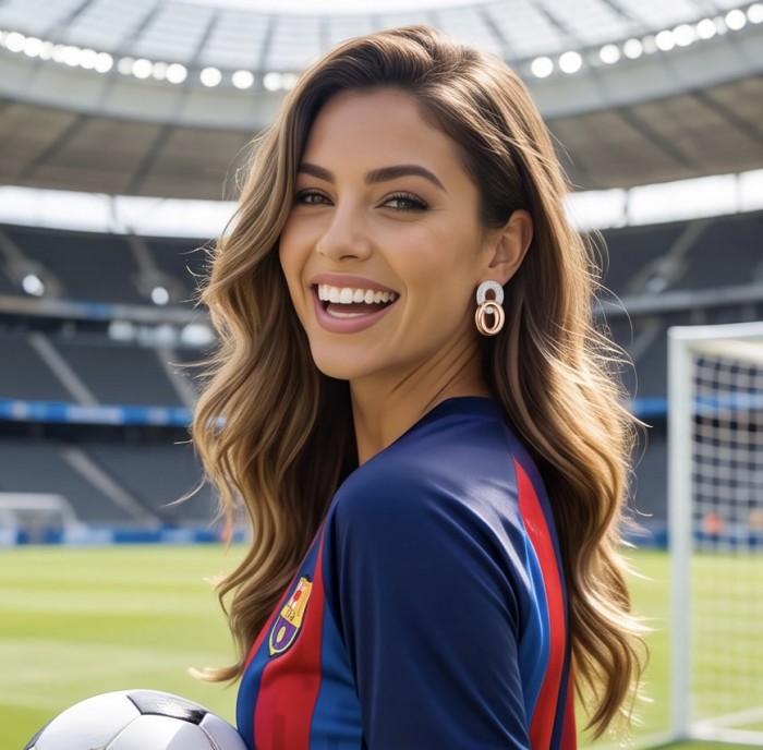 Top quality Sublime 1.38 carat pave White Topaz 14K Rose Gold over .925 Sterling Silver handcrafted Earrings - Woman wearing rose gold earrings, soccer stadium background.