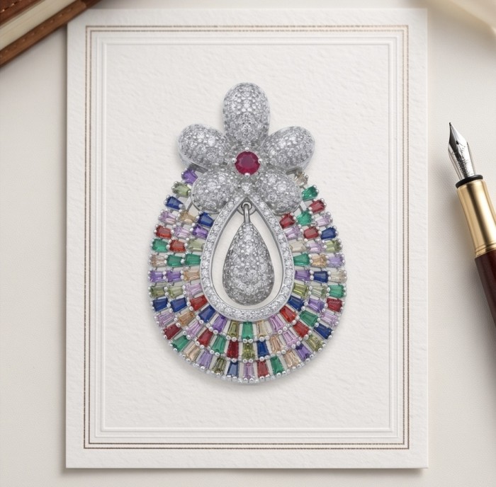 Julietta - Excellent quality 14.9 carat Multigem rhodium over .925 Sterling Silver handcrafted Pendant - Close-up of Julietta 14.9 carat multigem rhodium pendant on paper.