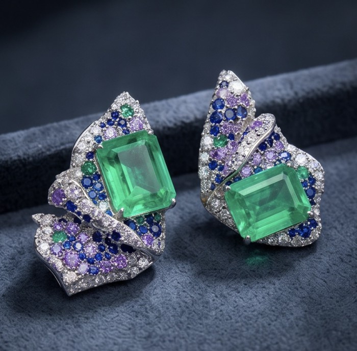 Valentina 12.2 carat Colombian Emerald .925 Sterling Silver dipped in rhodium Statement handcrafted earrings - Emerald and gemstone earrings with intricate detailing, close-up view.