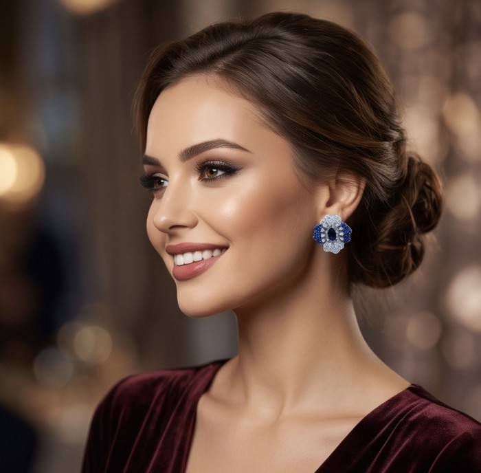 Natural 4.2 carat Mozambique Sapphire .925 Sterling Silver dipped in rhodium Handcrafted Earrings - Side view of woman wearing sapphire and sterling silver earrings.