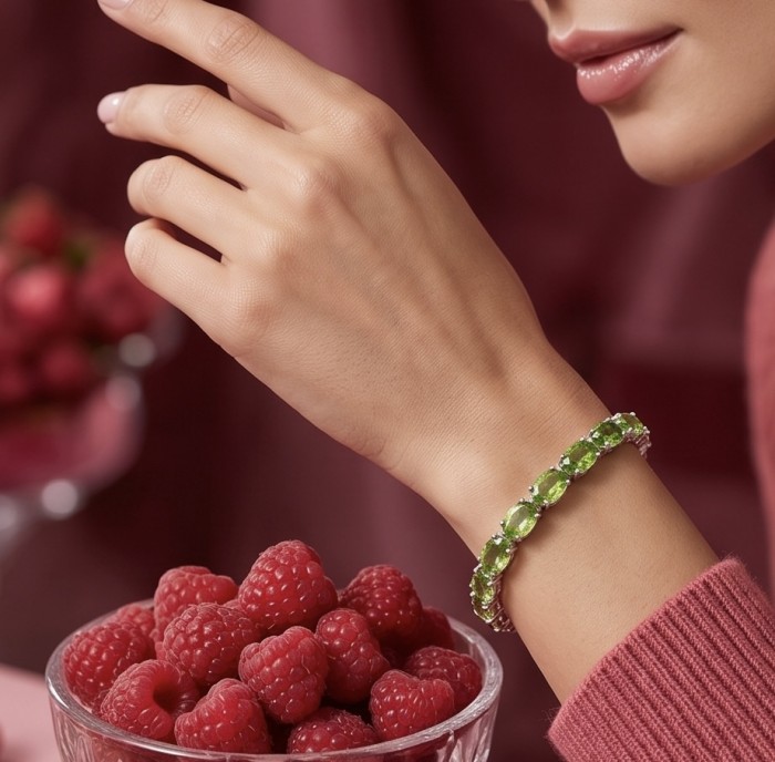 Vittoria Natural 27.7 carat Brazilian Peridot Rhodium over .925 Sterling Silver handmade Statement Bracelet - Worn on hand with raspberries, showcasing the green peridot bracelet.