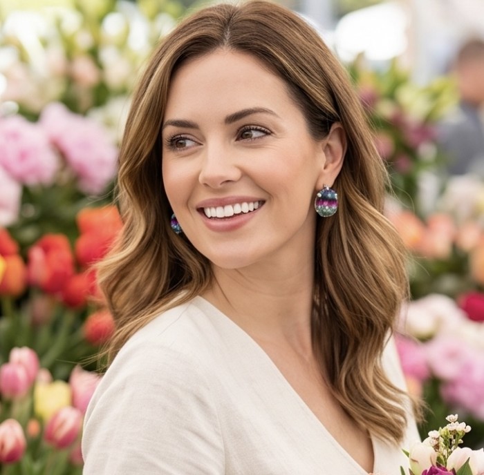 Luxurious authentic 11.2 carat Brazilian Tourmaline .925 Sterling Silver handcrafted earrings - Tourmaline earrings worn by smiling woman in floral setting.