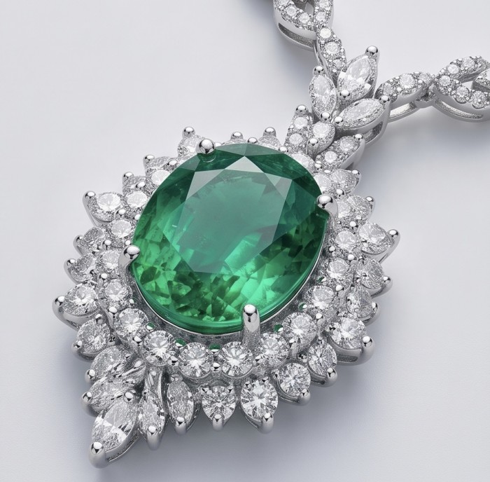 Precious 15.2 carat natural Colombian Emerald rhodium over .925 Sterling Silver .925 Sterling Silver Statement Necklace - Close-up of 15.2 carat Colombian Emerald with diamond accents