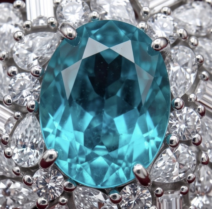 Royalty oval cut 5.2 carat Paraiba Tourmaline .925 Sterling Silver entirely handmade earrings - Close-up of Royalty oval cut Paraiba Tourmaline surrounded by diamonds.