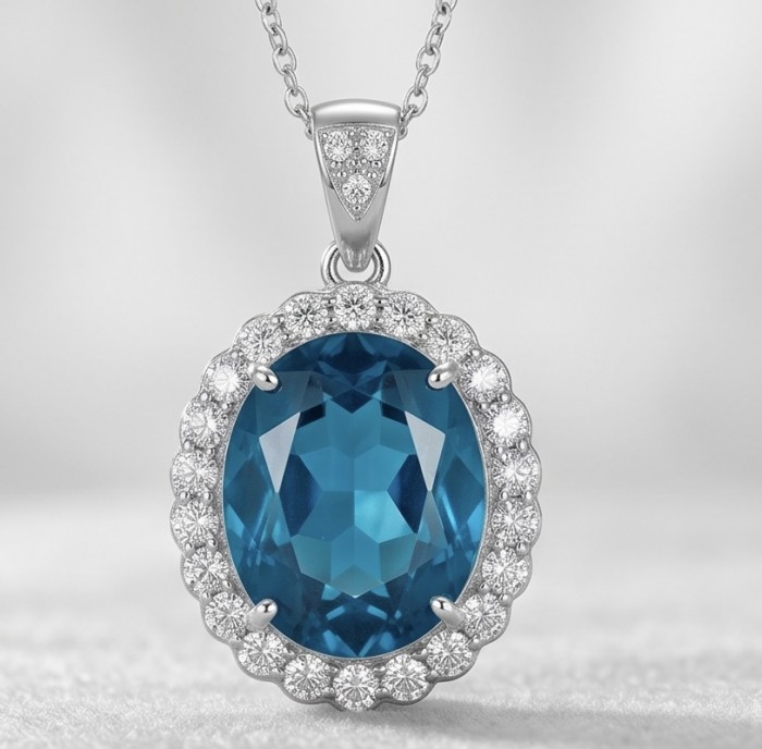 Large 51.5 carat Vintage style Brazilian Aquamarine .925 Sterling Silver DIPPED IN RHODIUM handmade Pendant - Aquamarine pendant with diamond halo, front view close-up.