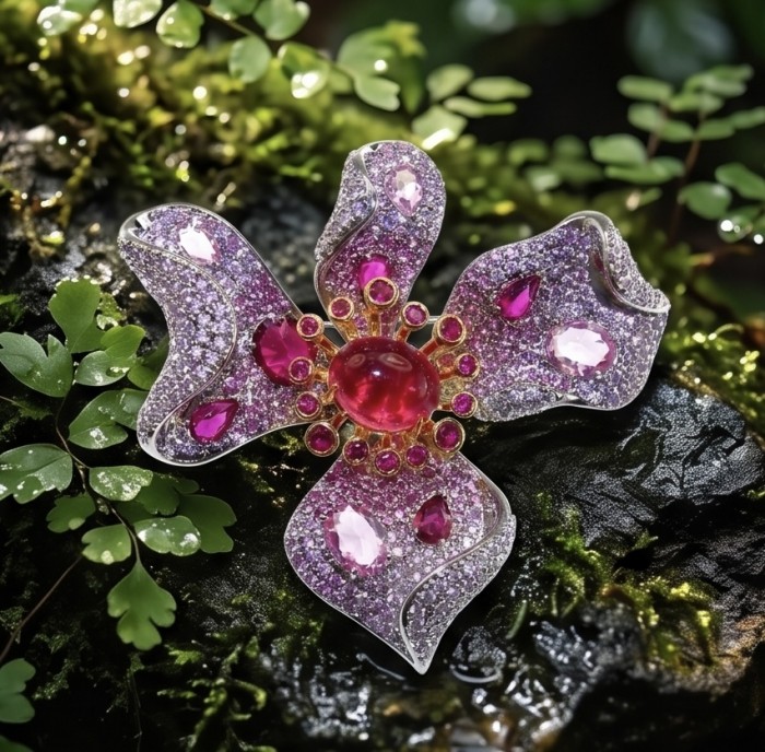 Exotic Flower - RARE FINDING - 7.7 carat Authentic Ruby 22k Gold over .925 Sterling Silver handcrafted Pendant Brooch - Flower-shaped jewelry with rubies and diamonds on a natural backdrop.