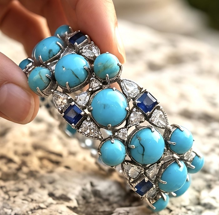 Pacifica - 47.2 carat Turquoise 4.8 carat Sapphire .925 Sterling Silver handmade Statement Bracelet - Close-up of Pacifica bracelet with turquoise and sapphire stones