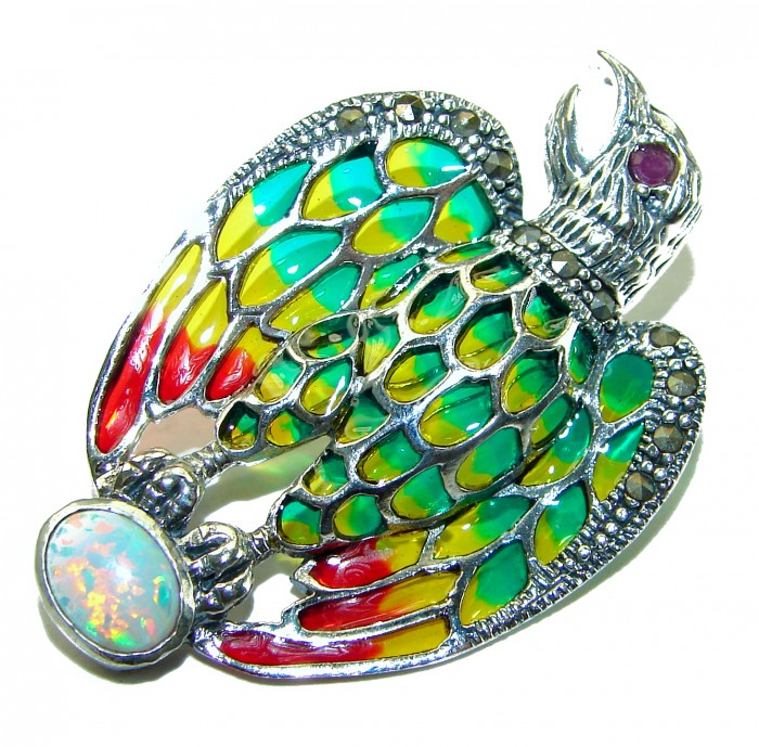 Natural Enamel Eagle .925 Sterling Silver Brooch Pendant - photo 2