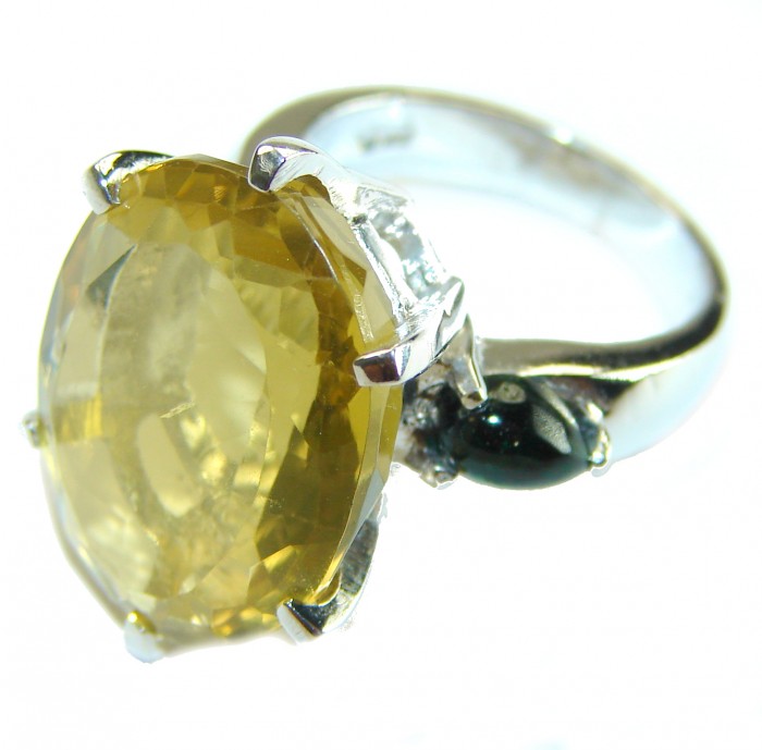Incredible 20.5 carat Lemon Topaz .925 Sterling Silver Ring size 5 1/2 - Side view of 20.5 carat lemon topaz ring in sterling silver.