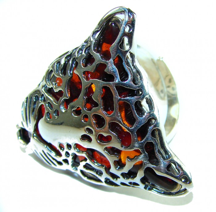 Precious Cheetah Baltic Amber .925 Sterling Silver handmade Large ring size 9 adjustable - Cheetah Baltic Amber ring in silver, side angle view.