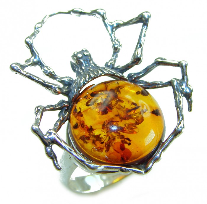 Golden Spider Authentic Baltic Amber .925 Sterling Silver handcrafted ring; s. 7 adjustable - Golden spider ring with Baltic amber close-up on silver band.