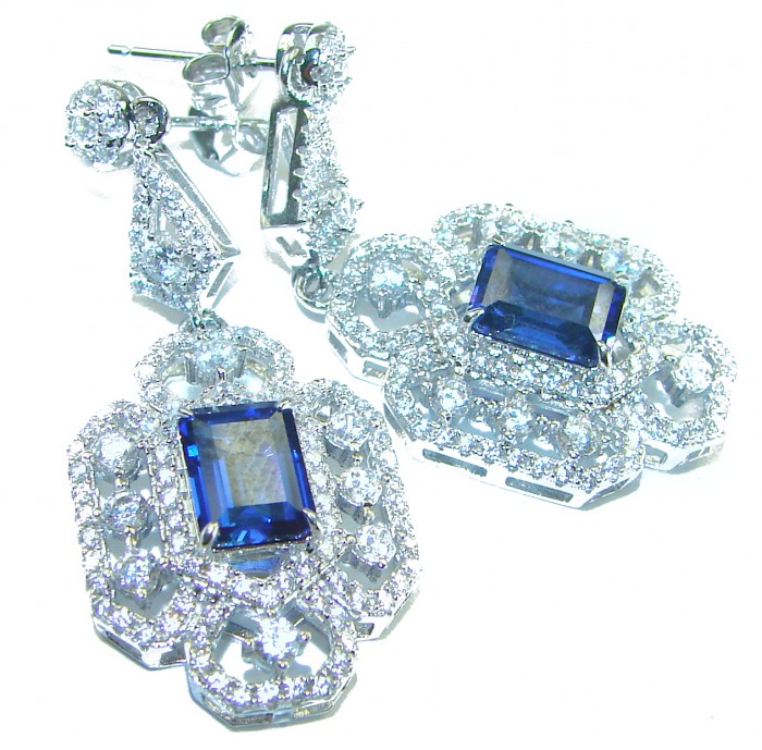 Luxurious 6.5 carat Sapphire White Sapphire .925 Sterling Silver handcrafted Statement earrings - Luxurious sapphire earrings, front view, with intricate white sapphire detail