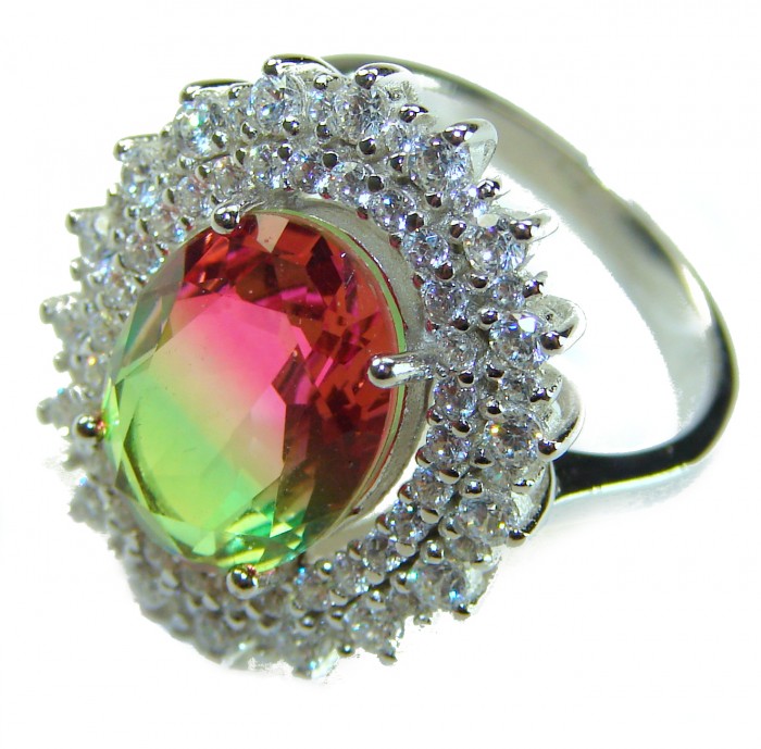 Magnificent 11.2 carat oval cut Pink Tourmaline .925 Silver handcrafted Cocktail Ring s. 7 3/4 - Oval cut pink tourmaline silver ring, close-up with diamond halo.