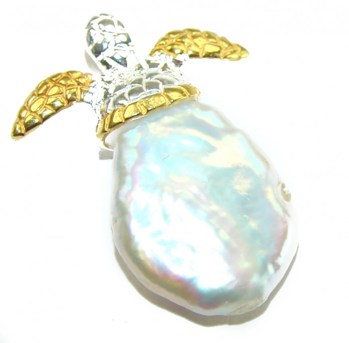 Good health and Long life Turtle Genuine Blister Pearl 14K Gold over .925 Sterling Silver handcrafted Pendant - Turtle-shaped blister pearl pendant, top view, gold accents.
