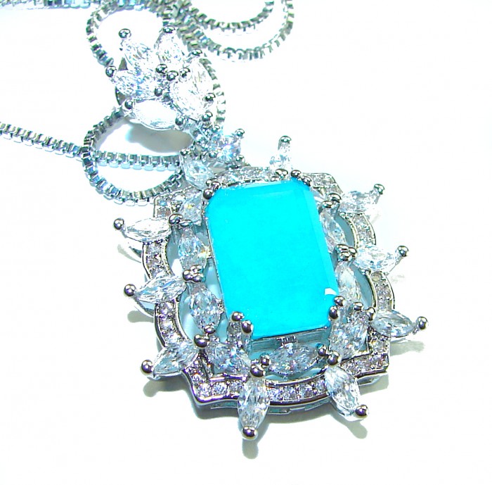 Vintage style - Timless Beauty 15.5 carat Emerald .925 Sterling Silver handcrafted Statement necklace - Close-up of pendant with blue stone and diamond accents.