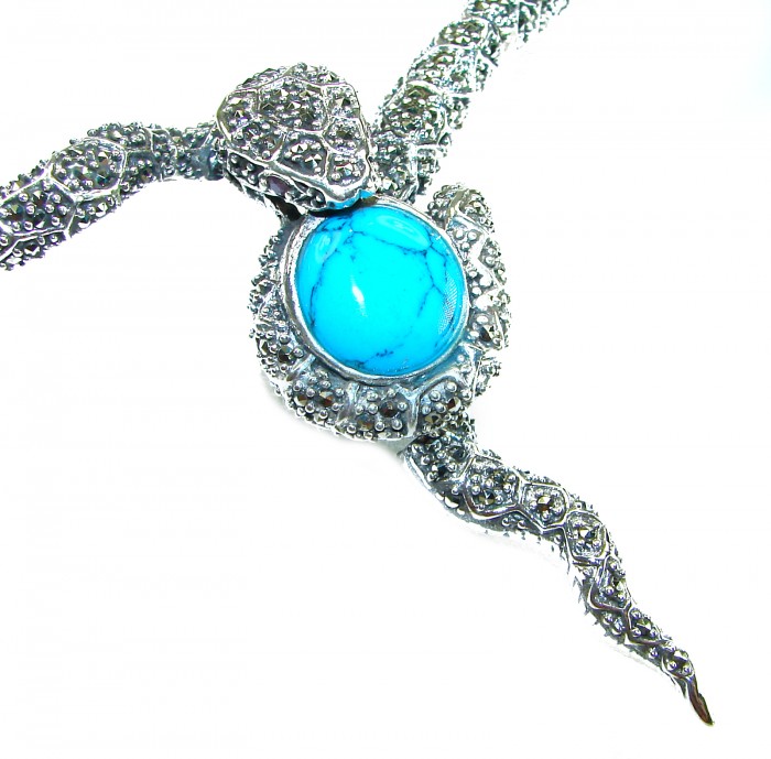 HUGE 84.5 grams Snake design genuine Turquoise .925 Sterling Silver handcrafted Necklace - Snake design turquoise pendant close-up, ornate silver detailing