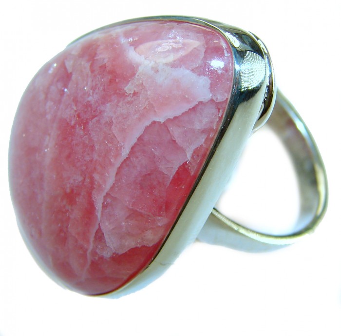 Strawberry Fields - 28.8 CARAT Argentinian Rhodochrosite .925 Sterling Silver handmade ring size 8 - Strawberry Fields Rhodochrosite ring, close-up side view.