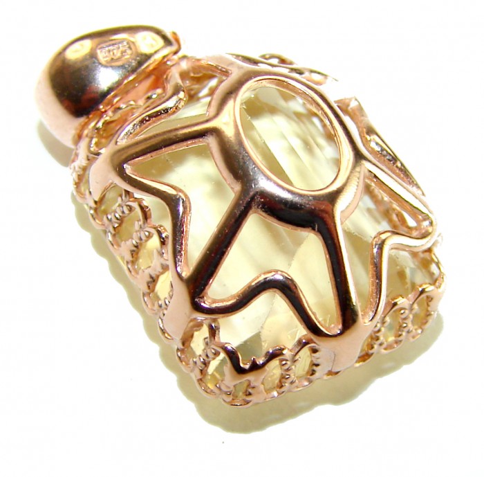 Baquette cut 10.3 carat Lemon Quartz 18K Gold over .925 Sterling Silver handcrafted pendant - Close-up of baguette cut lemon quartz in 18K gold setting.