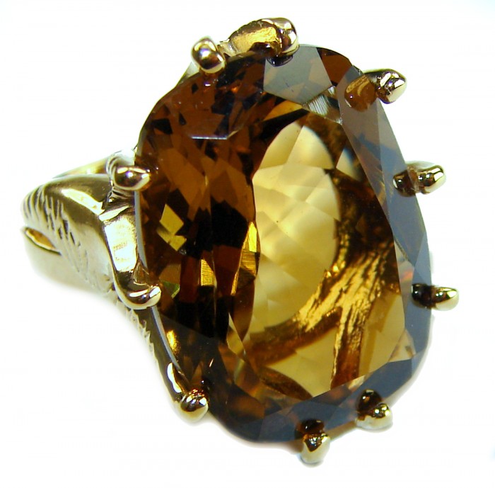 Celestial peace 14.5 carat Champagne Smoky Topaz 14K Gold over .925 Sterling Silver HUGE Ring size 7 - Close-up of Champagne Smoky Topaz 14K Gold ring, front angle