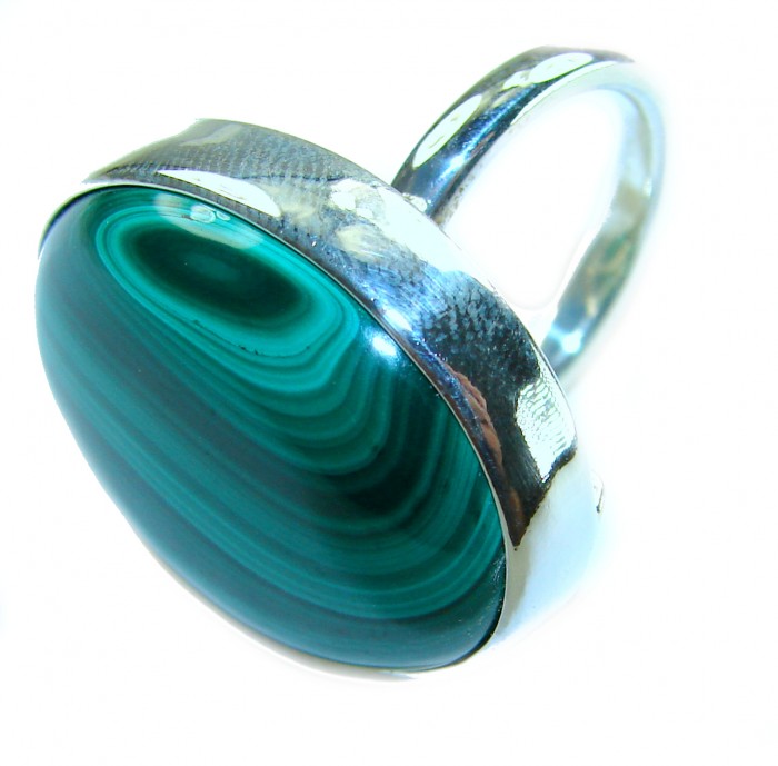The best quality 20.2 CARAT genuine Malachite from Ural Mountains .925 Sterling Silver handcrafted ring size 7 adjustable - Close-up of a silver ring with a green malachite stone.