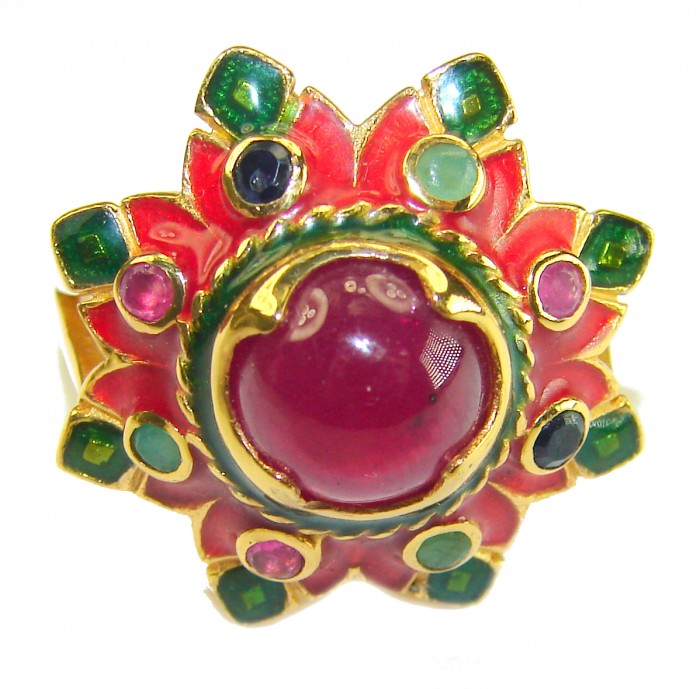Divine Creation 5.5 carat Mozambique Star Ruby Enamel 18K Gold over .925 Sterling Silver handcrafted Ring s. 7 3/4 - Close-up of Divine Creation 5.5ct Mozambique Star Ruby ring.