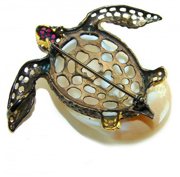Good health and Long life Big Turtle Genuine Ocean Shell Ruby 14K Gold over .925 Sterling Silver handcrafted brooch - Back view of turtle brooch showing clasp and shell details.