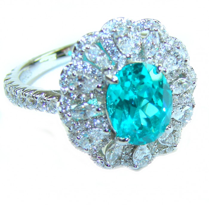 Eau Pure 3.5 carat Paraiba Tourmaline .925 Sterling Silver Handcrafted Ring size 7 - Close-up of Eau Pure Paraiba Tourmaline ring in sterling silver.