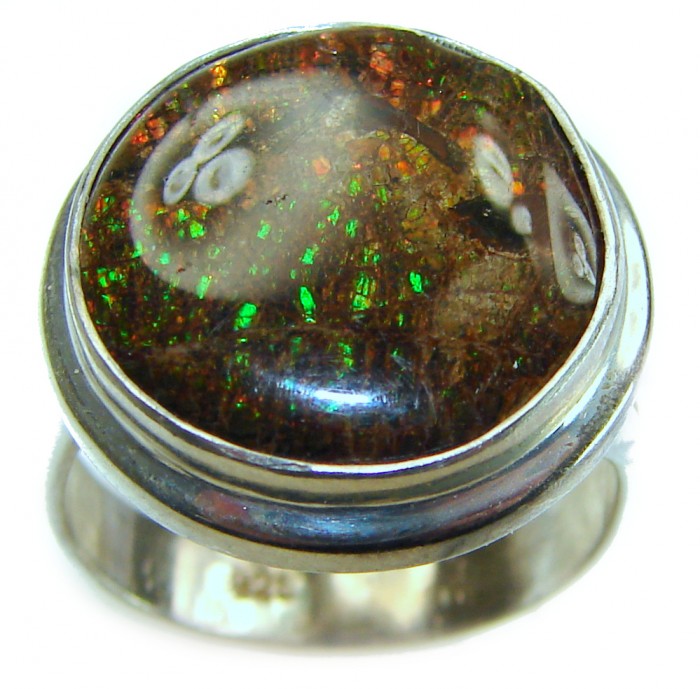 Outstanding Genuine purple Canadian Ammolite .925 Sterling Silver handmade ring size 7 adjustable - Stone close-up of genuine purple Canadian ammolite in .925 sterling ring.