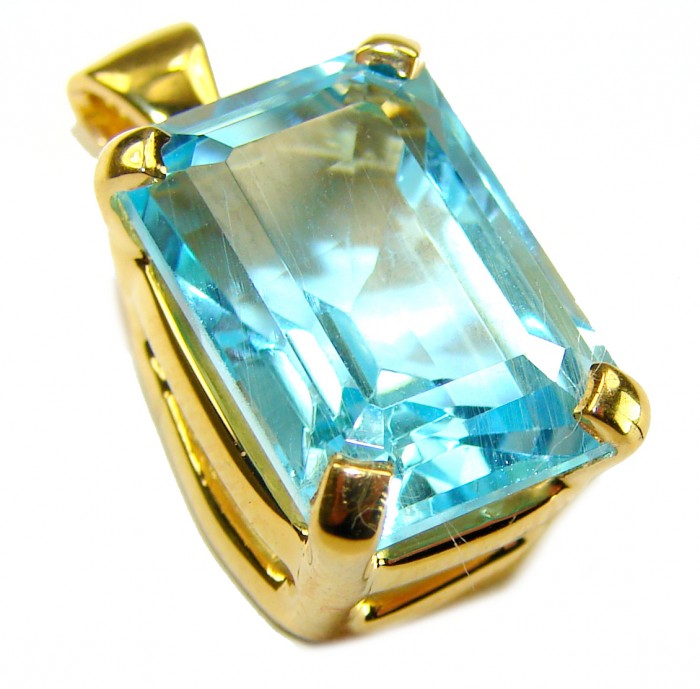 Atlantica baquette cut 10.9 carat Swiss Blue Topaz 18K Gold over .925 Sterling Silver Handcrafted Pendant - Close-up of Atlantica baguette cut 10.9 ct Swiss Blue Topaz in 18K gold setting.