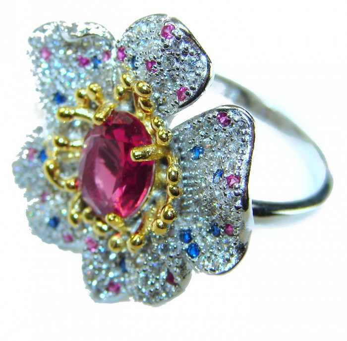 Spectacular Flower Authentic 4.3 carat Pink Tourmaline 2 tones .925 Sterling Silver handmade Cocktail Ring s. 7 1/4 - Close-up of floral ring with 4.3 carat pink tourmaline and gemstones