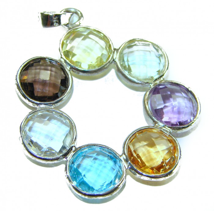 Power of Life 11.5 CARAT Multigem .925 Sterling Silver handcrafted pendant - Top view of multigem sterling silver pendant with seven gemstones.