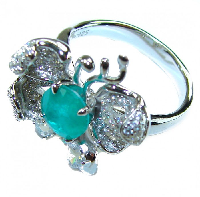 Exotic Flower 4.8 carat natural Colombian Emerald .925 Sterling Silver handmade Statement Ring size 7 1/2 - Emerald flower ring, top view, sterling silver with diamonds.
