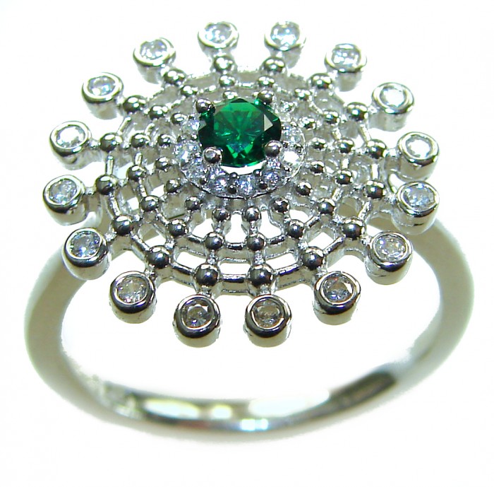 0.7 carat natural Colombian Emerald .925 Sterling Silver handmade Statement Ring size 8 1/4 - Top view of emerald and diamond sterling silver ring design