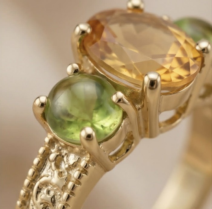 Vivien - Natural 4.7 carat Citrine .925 Sterling Silver dipped in 18K Gold handmade ring size 5 1/2 - Close-up of citrine and peridot ring in gold setting.