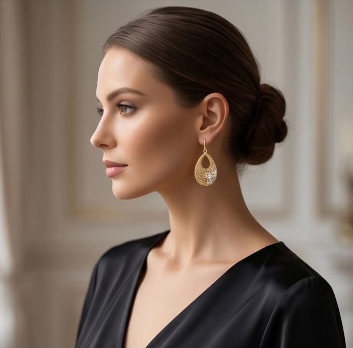 Dubai Style - Silver Flowers - .925 Sterling Silver dipped in 22K Gold handmade Large Earrings - Side view of woman wearing Dubai Style Silver Flowers earrings