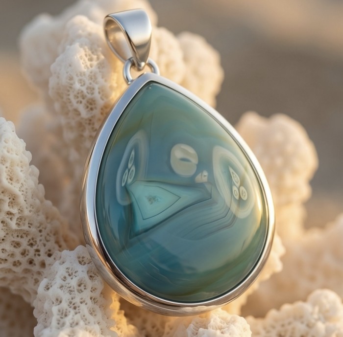 Deluxe 29.2 carat Botswana Agate .925 Sterling Silver handmade Large Pendant - Close-up of Deluxe 29.2ct Botswana Agate in .925 Sterling Silver pendant.