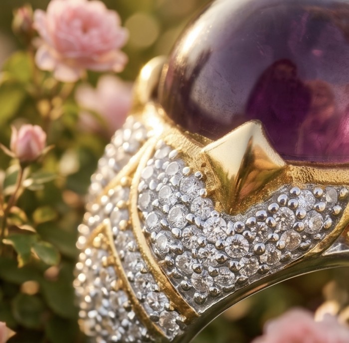 Bella Rosa Genuine 15.8 CARAT Star Ruby 22K Gold over .925 Sterling Silver Large Statement Ring size 6 3/4 - Close-up of Bella Rosa 15.8-carat star ruby ring with diamonds and gold.