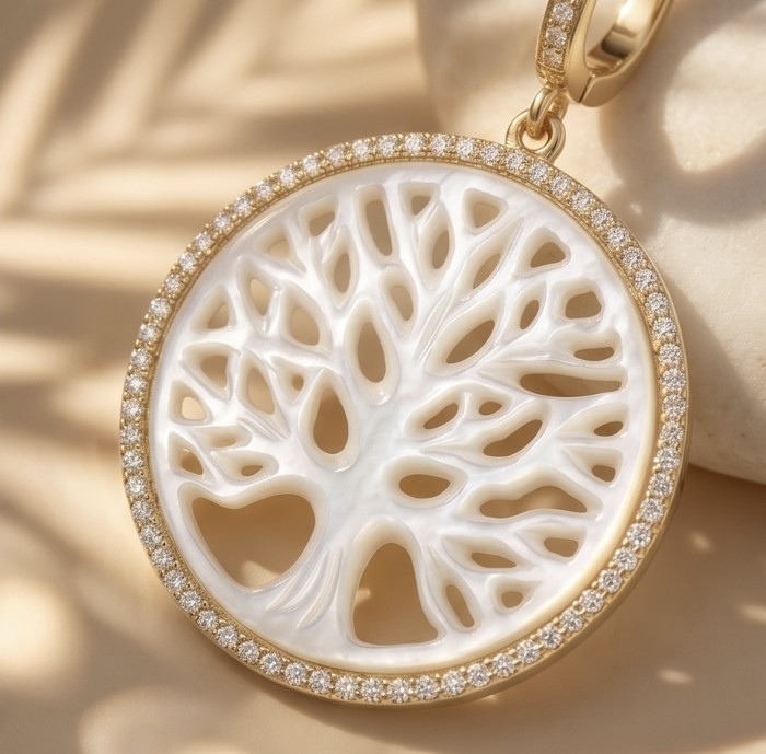 Family Tree - Large - Sublime Blister Pearl 18K Gold over .925 Sterling Silver handcrafted Earrings - Close-up of Family Tree pendant, pearl and diamond, gold setting.