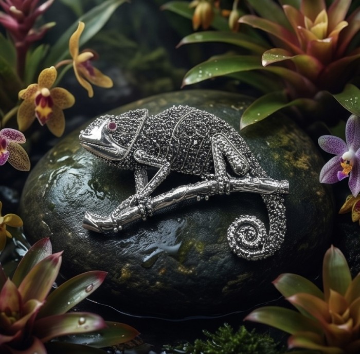 Spectacular - Big Chameleon Lizard Marcasite .925 Sterling Silver handmade Brooch - Chameleon brooch with marcasite, side view, surrounded by orchids.