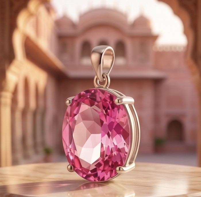 Oval cut 28.8 carat Bubblegum Pink Sapphire from Madagascar .925 Sterling Silver handcrafted pendant - Close-up of oval 28.8 carat bubblegum pink sapphire pendant