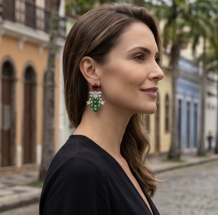Francesca - Luxurious natural 39.8 carat Ruby Emerald rhodium over .925 Sterling Silver handmade Statement earrings - Side view of Francesca earrings with ruby and emerald detailing.