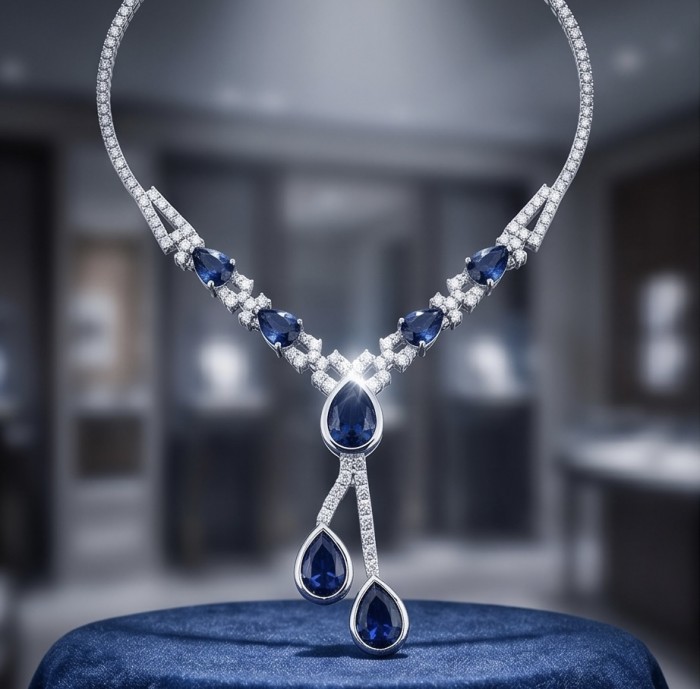 Blue Royalty 16.2 carat Sapphire .925 Sterling Silver handcrafted Statement Necklace - Elegant necklace front view, sapphire and silver details displayed.