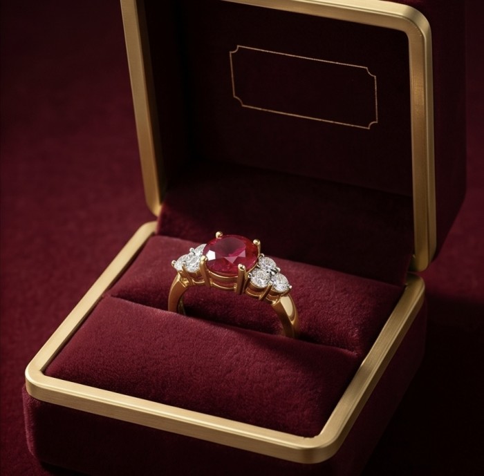 Born to Glam authentic 4.2 carat Ruby 22K Gold over .925 Silver handcrafted Ring s. 7 1/4 - Ruby ring in gold setting, top view, in burgundy velvet box.