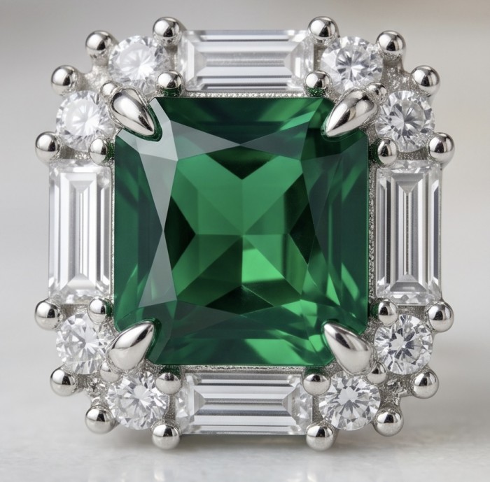 Art deco - assher cut 3.8 carat COLOMBIAN Emerald .925 Sterling Silver handmade Earrings - Stone close-up of Art Deco Asscher cut Colombian emerald in .925 silver.